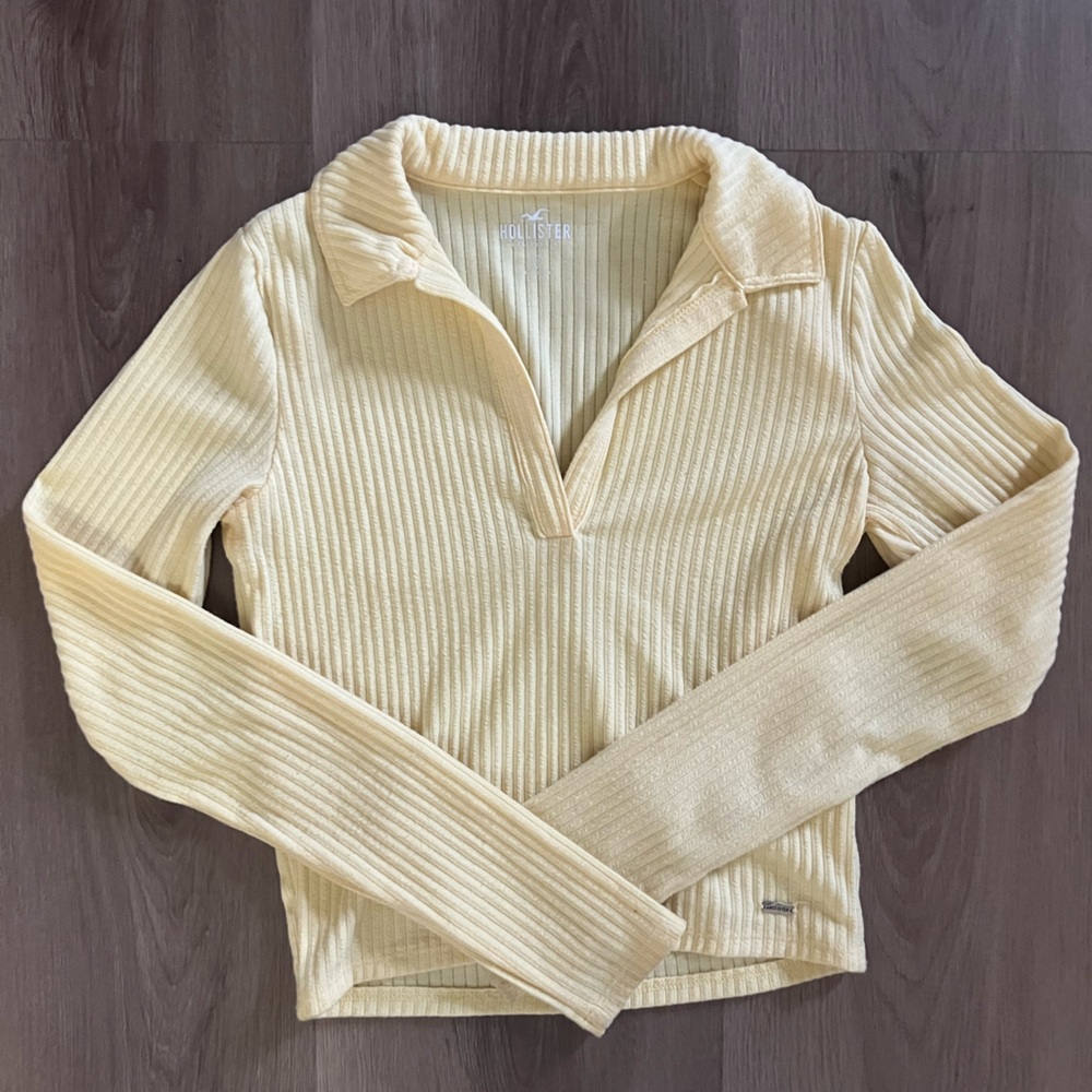 Hollister Cream Ribbed Long Sleeve Polo Shirt